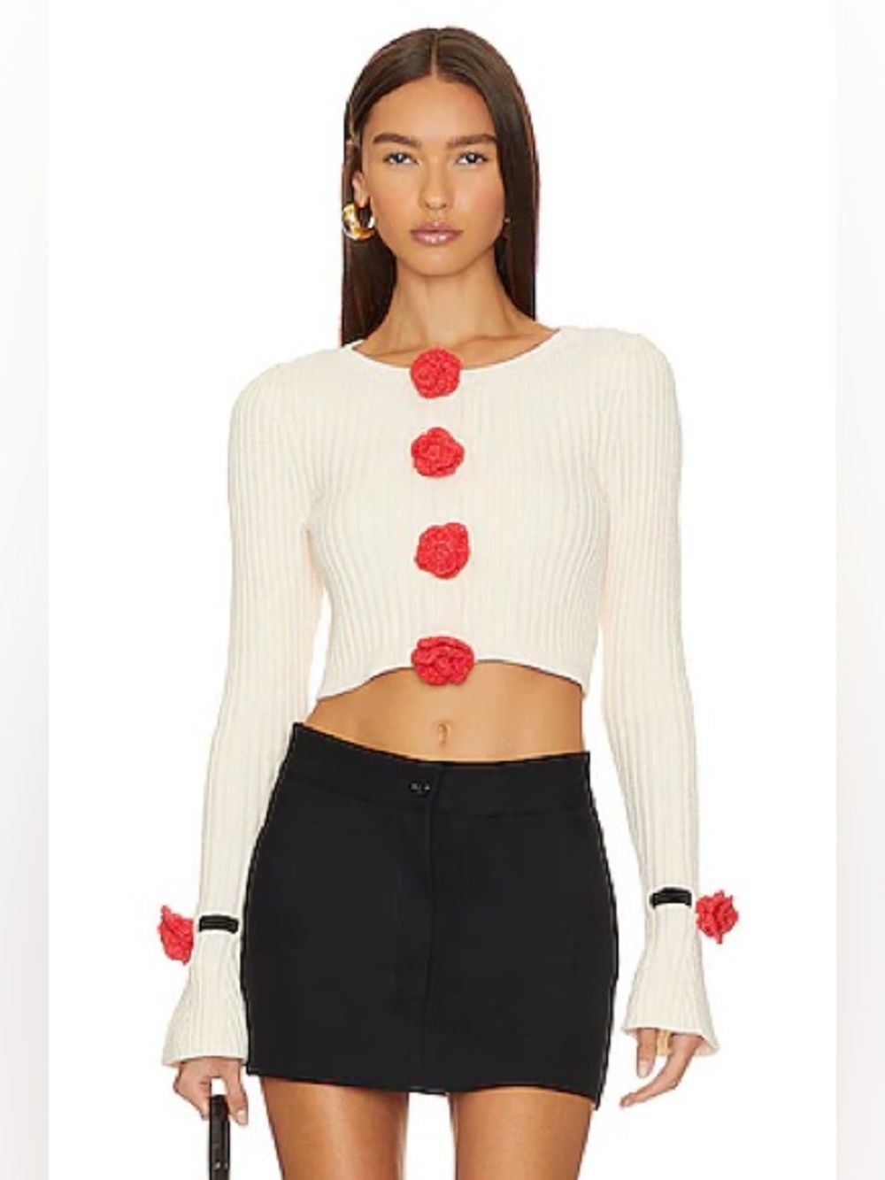 For Love & Lemons Roxana Cardigan Ivory Cropped Ribbed Rosette Knit NWT Size L